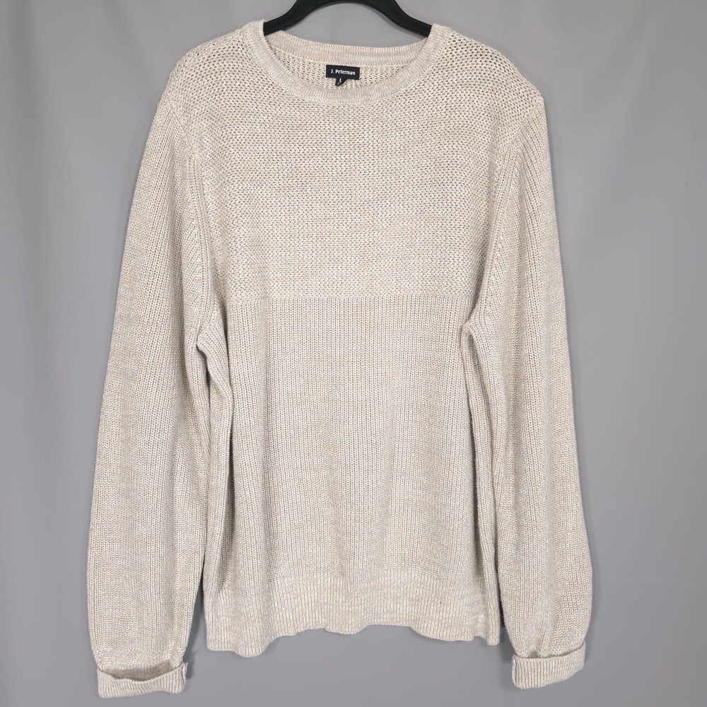 J. Peterman Men's Beige Marled Knit 100% Cotton Sweater LARGE Crewneck Fisherman